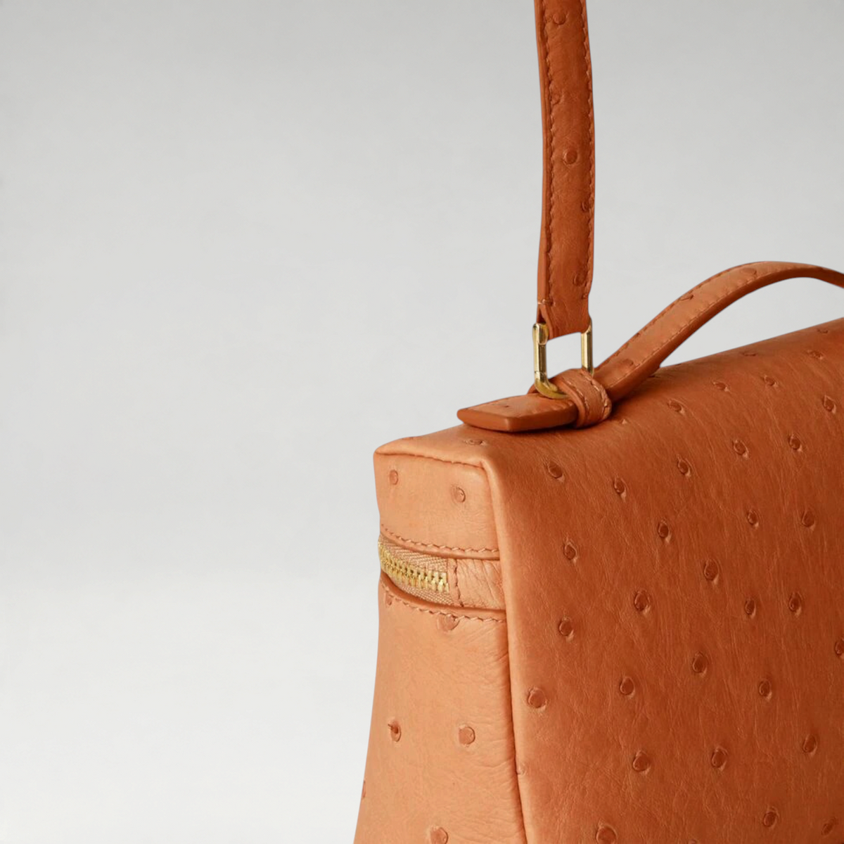FBYMM L19 Extra Pocket tas in cognackleurig struisvogelleer met goudkleurige hardware en afneembare schouderriem.