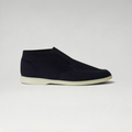 FBYMM Loro Piana Openwalk loafer in navy knitted virgin wool met een witte rubberen zool en verborgen elastiek.
