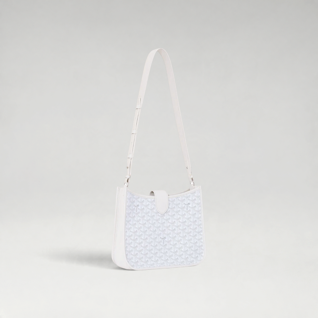 FBYMM Musette PM tas in wit Goyardine canvas en Decize Taurillon leer met verstelbare schouderband en palladium details