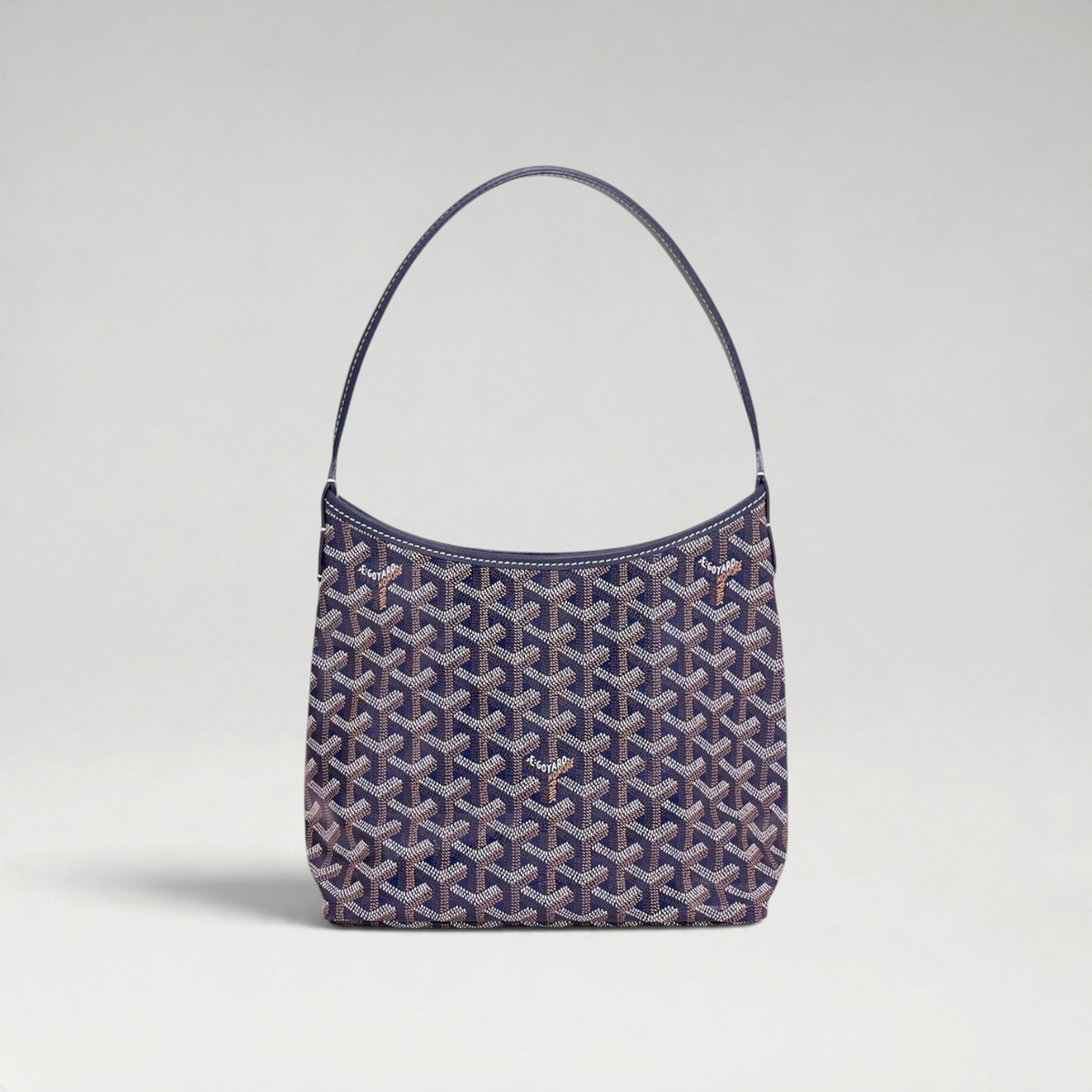 FBYMM Hobo Bohème Mini tas in marineblauw Goyardine canvas met kalfsleren details en een comfortabel schouderhengsel.
