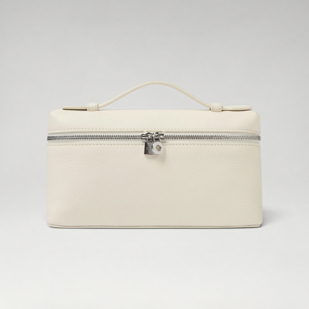FBYMM L19 Extra Pocket tas in wit kalfsleer met zilverkleurige rits en handvat