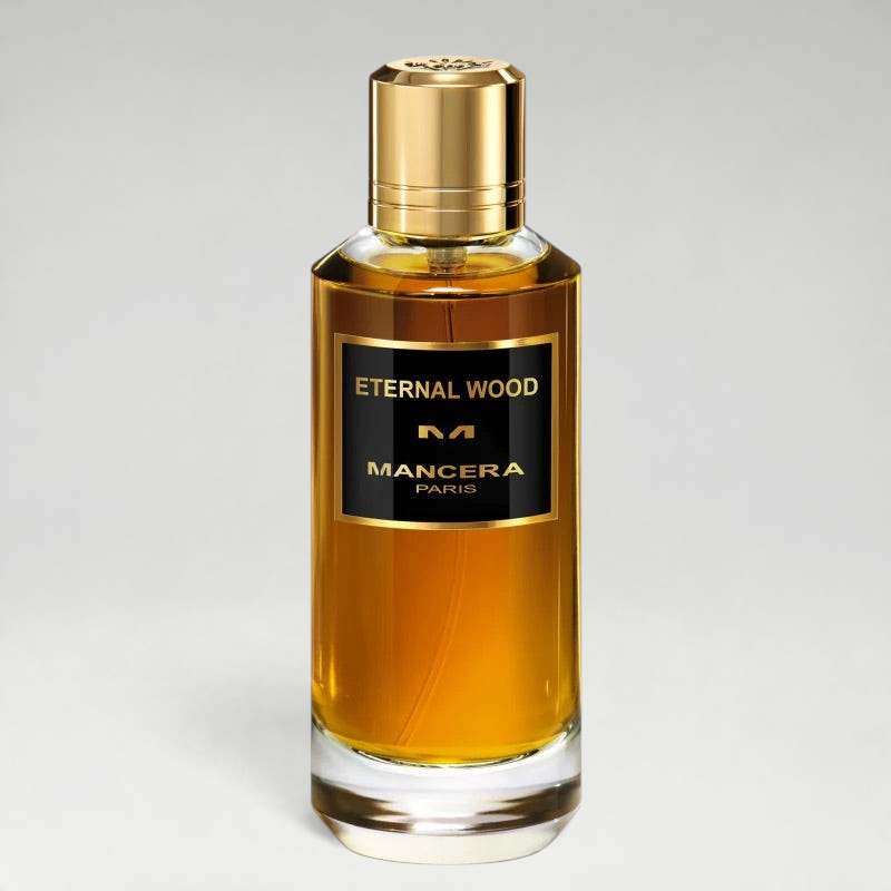 FBYMM Eternal Wood parfum in een glazen fles met gouden dop en zwart etiket, geur met houtachtige en oosterse noten.
