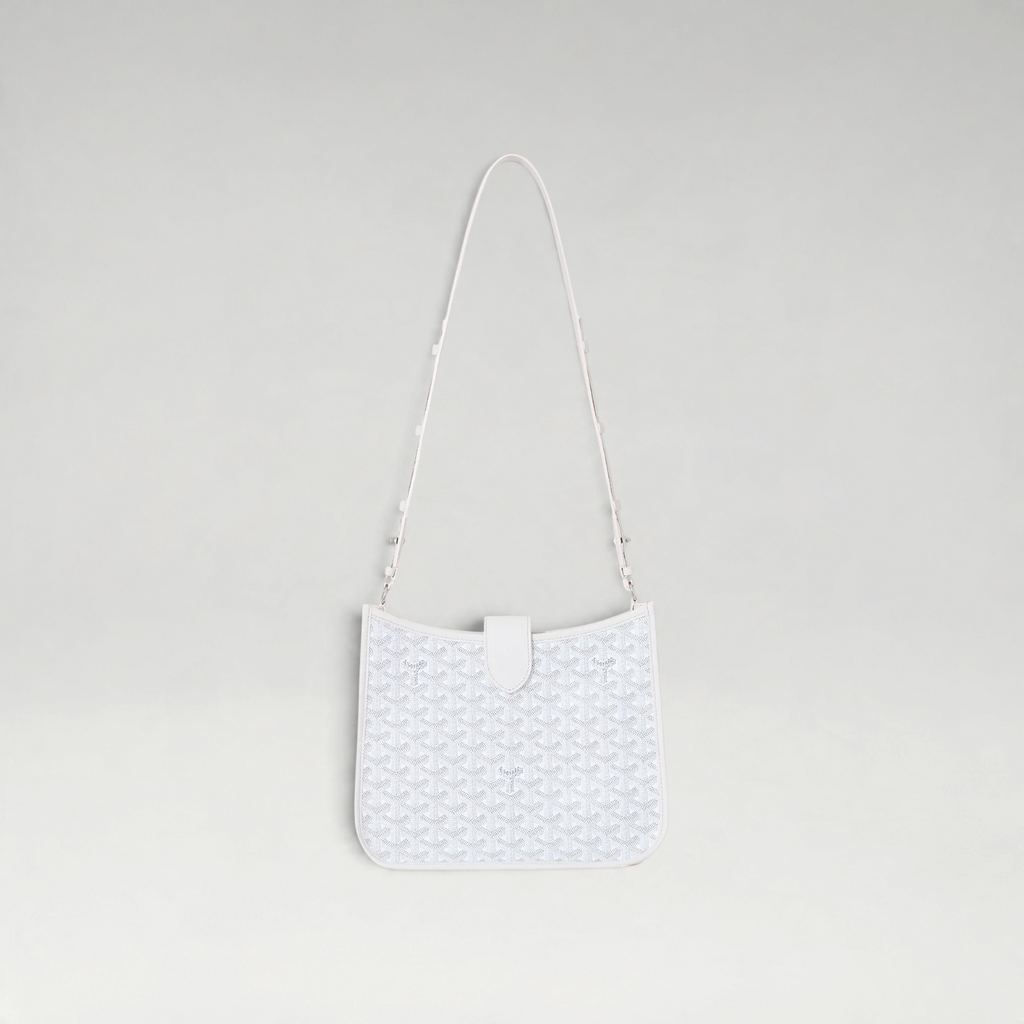 FBYMM Musette PM tas in wit Goyardine canvas en Decize Taurillon leer met verstelbare schouderband en magneetsluiting