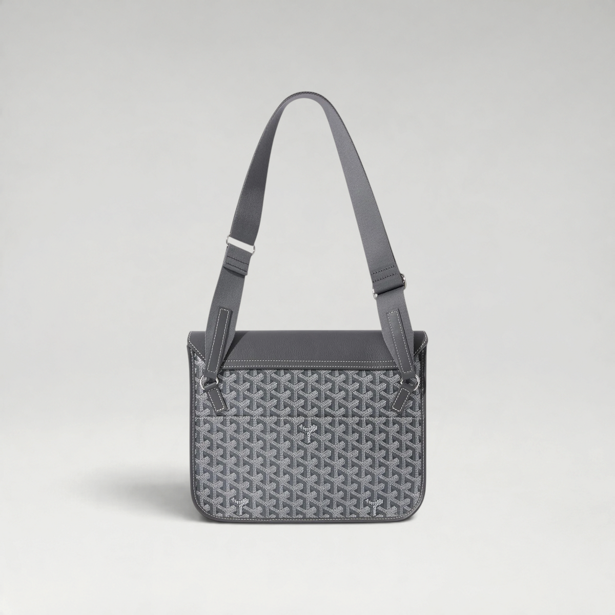 FBYMM Coursier messenger tas in grijs rundleer met verstelbare schouderband en iconisch patroon