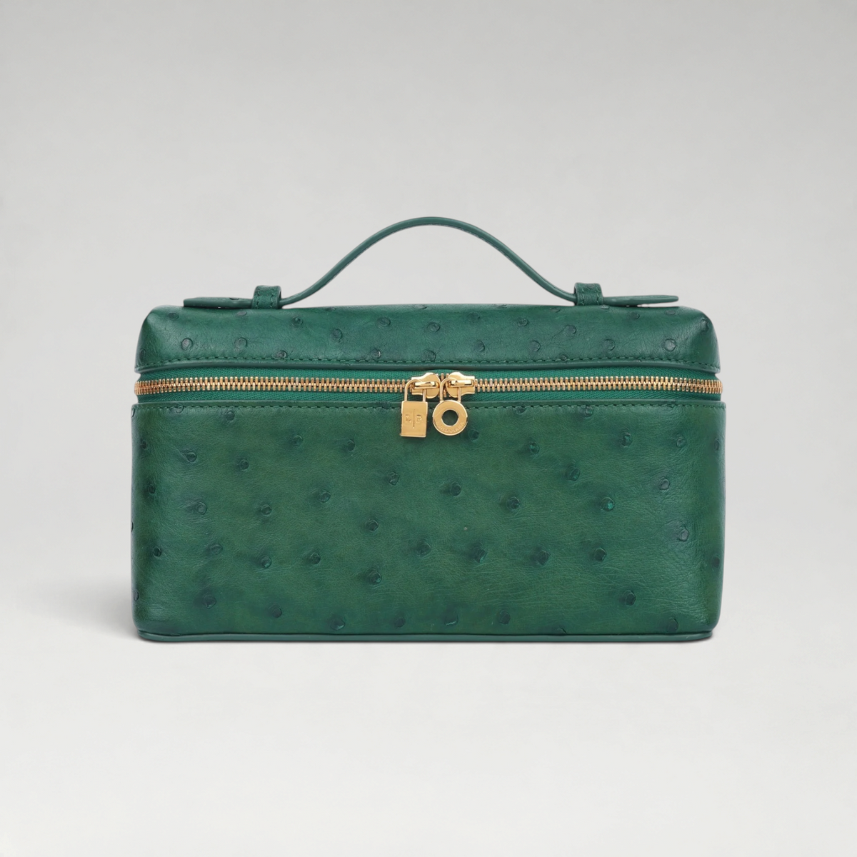 FBYMM L19 Extra Pocket tas in bosgroen struisvogelleer met goudkleurige metalen rits en handvat
