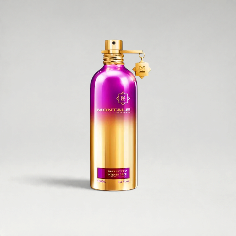 FBYMM Montale Intense Café Ristretto parfumfles in een gradiënt van paars naar goud met een luxe metalen dop.