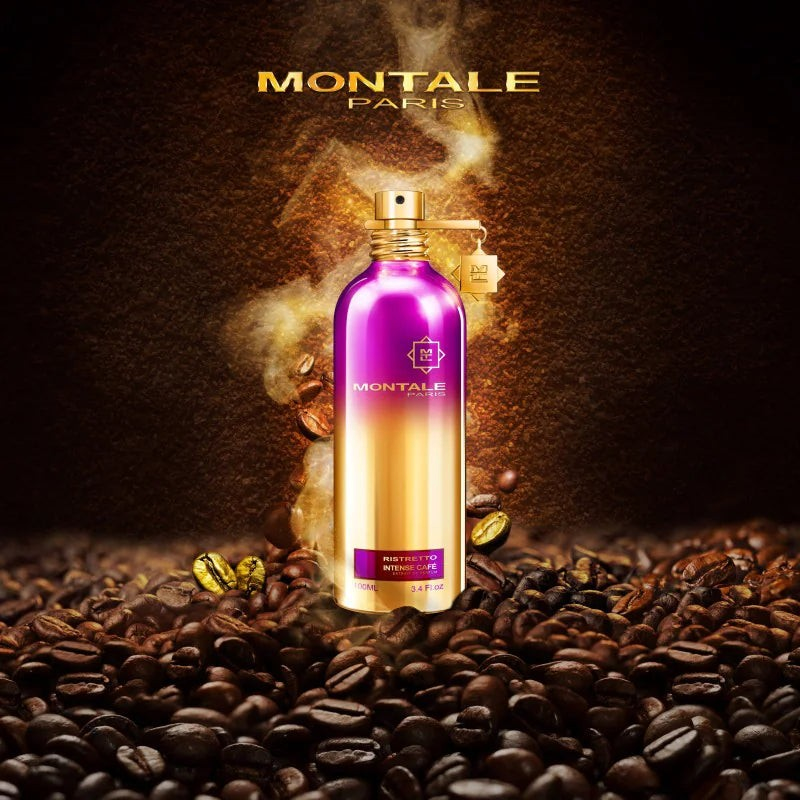 FBYMM Montale Intense Café Ristretto parfumfles in paars en goud op een bed van gebrande koffiebonen