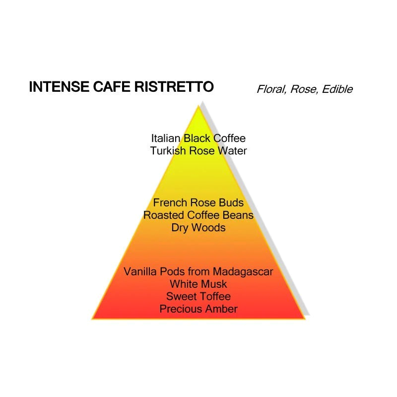 FBYMM Intense Café Ristretto geurpiramide met noten van koffie, roos, vanille en amber op een gele tot rode achtergrond