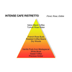 FBYMM Intense Café Ristretto geurpiramide met noten van koffie, roos, vanille en amber op een gele tot rode achtergrond